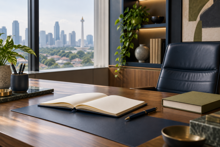 Open notebook and pen on a desk in a modern Jakarta office, prepared for leadership learning.