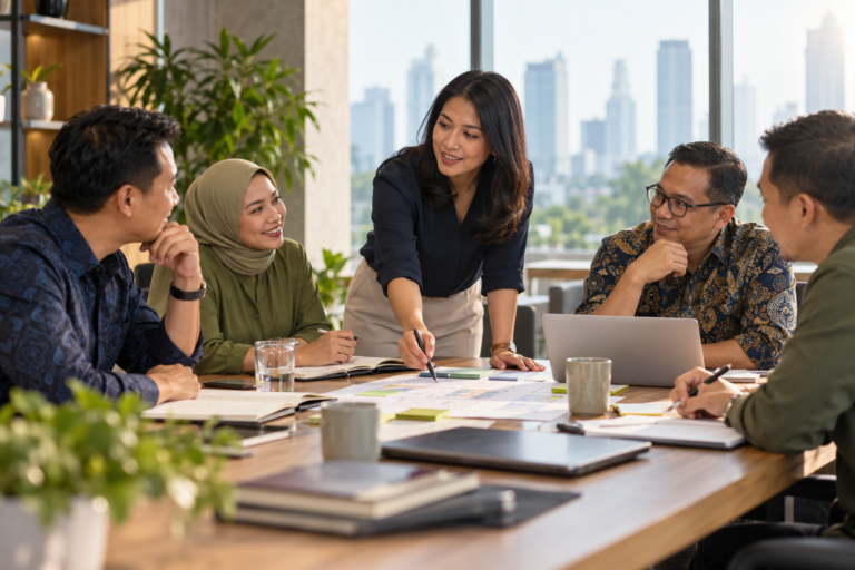 Indonesian professionals collaborating in a leadership development workshop.