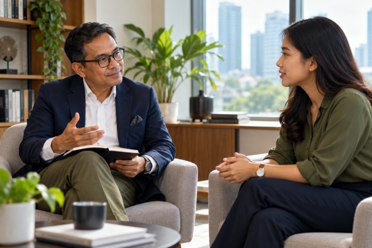 Leadership coach and professional having a one-to-one mentoring conversation.